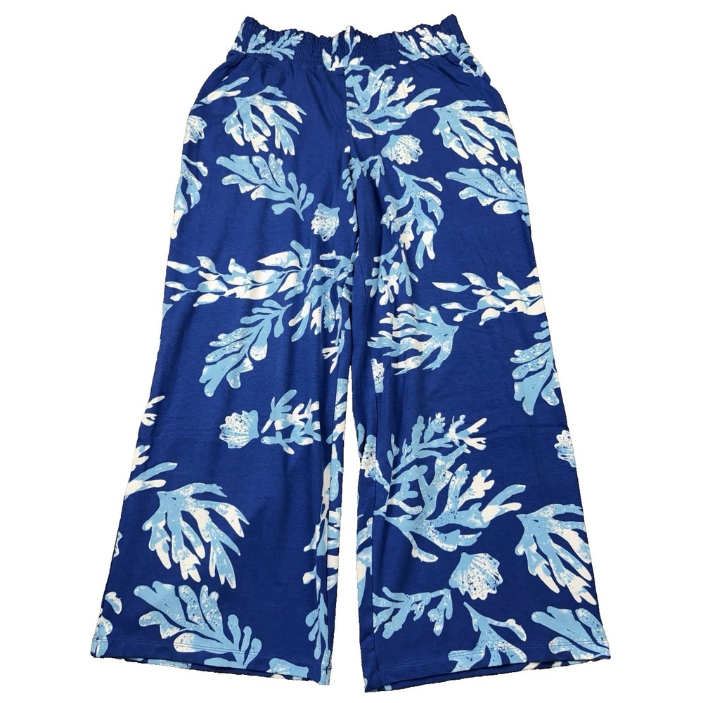 D&Co. BEACH Pants Women S Blue Tropical Floral Boho Beachy Coastal Summer Lounge